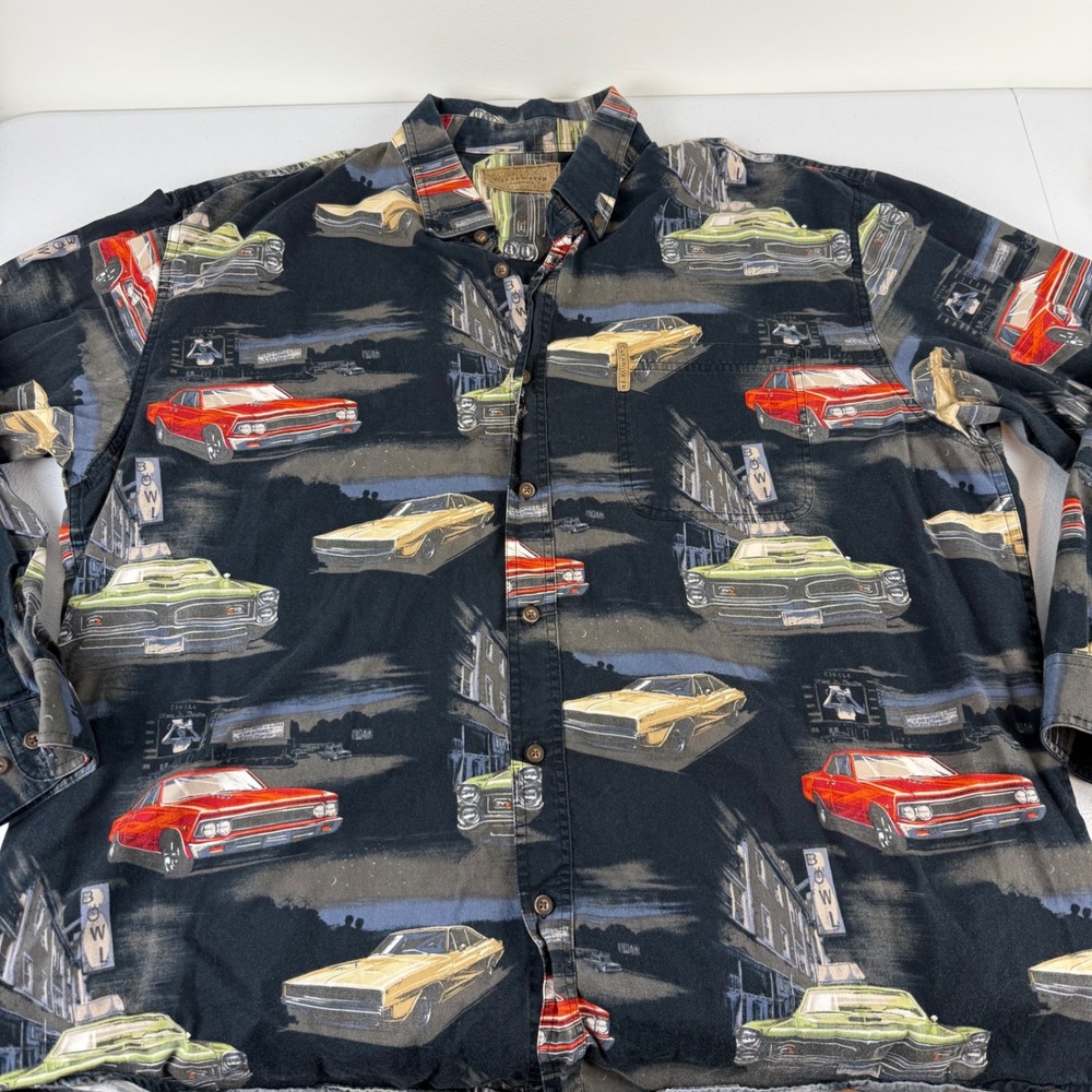 Clearwater Outfitters Mens XXL Muscle Car Print Button Down Shirt Black Cotton